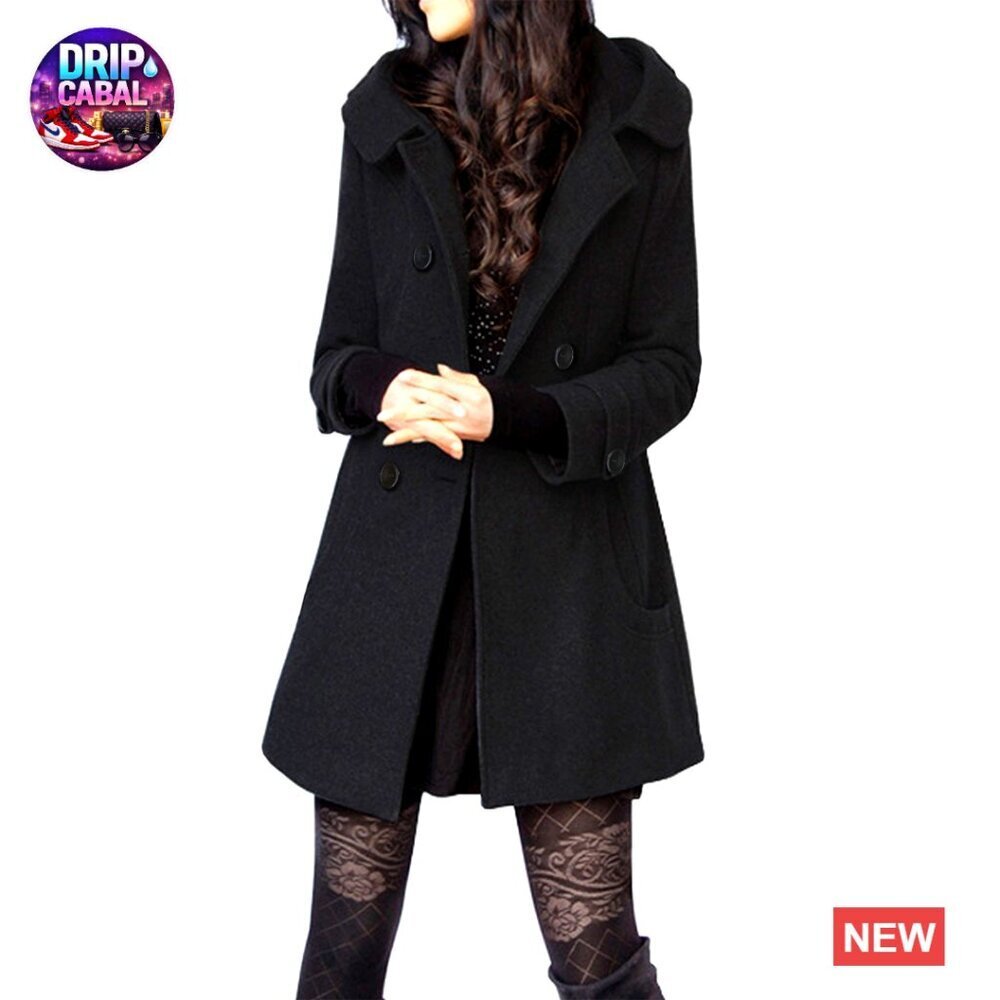 Wool Pea Coat Trench Jacket with Hood Elegant Classic Double Breasted Warm